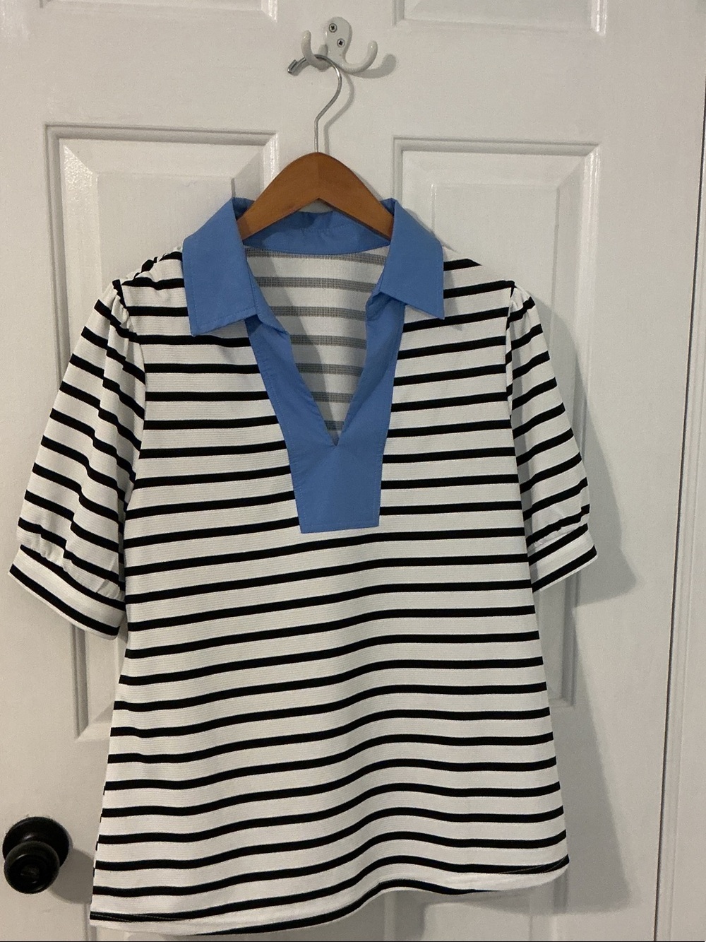 Girls' Black & White Striped Polo Top with Blue Collar